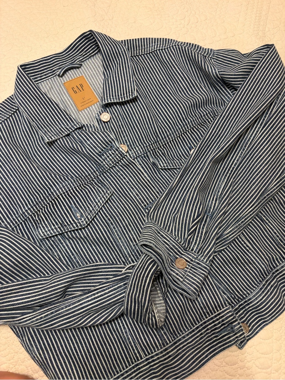 GAP Women’s Navy and White Striped Button-Down Jacket